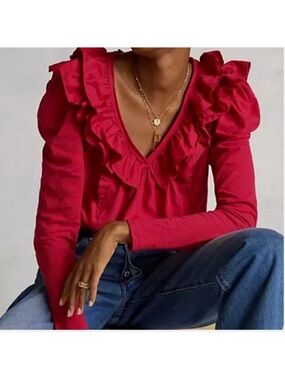 Anthropologie Ruffled V-Neck Blouse - Bright Pink